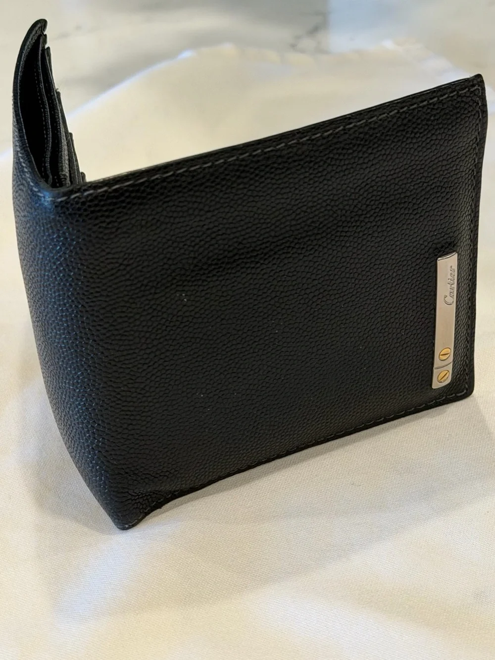 Vintage Santos de Cartier Black Grained Leather Bifold Wallet Luxury